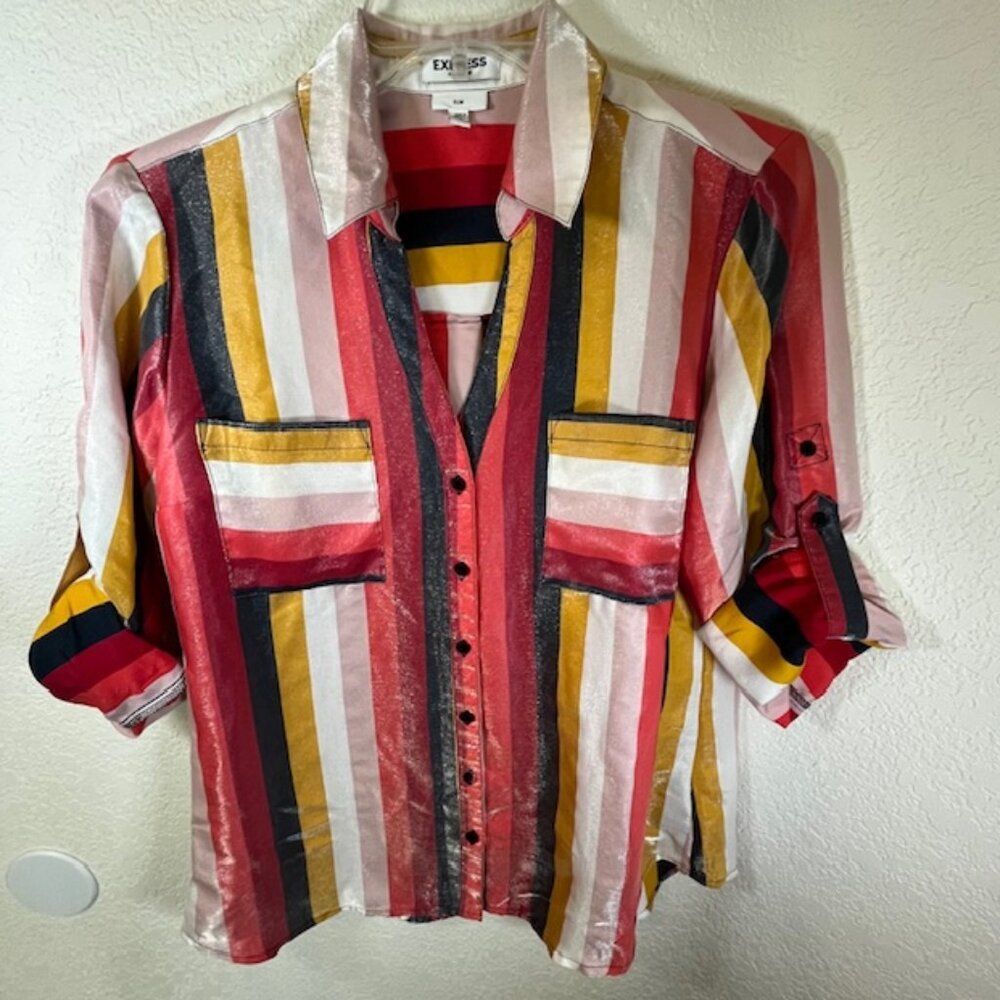 Express Shimmery Red, Gold, Black & White Stripe Shirt- Size L